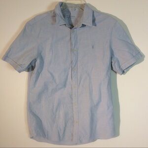 All Saints Light Blue Denim 100% Cotton Shirt Short Cuff Sleeves Button *STAINS